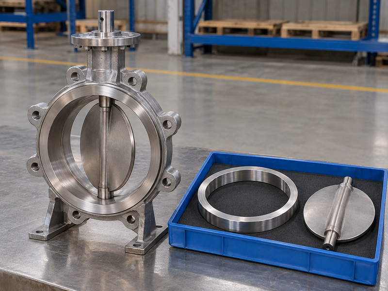 Illustrative durable metal seated butterfly valve final review with a partly open supported valve and a separate protected metal ring and detached disc in a tray.
