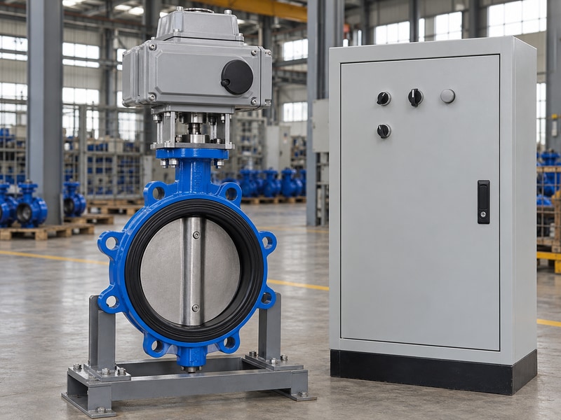 electric operated butterfly valve beside a closed industrial control cabinet