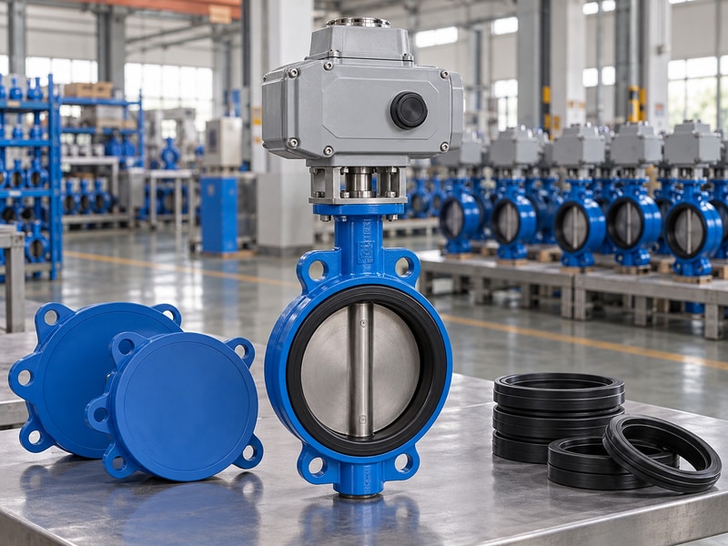 electric operated butterfly valve at handover inspection with separate protective covers and spare seats