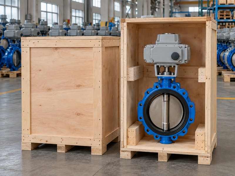 electric operated butterfly valve exporter standing in an open crate during packing preparation