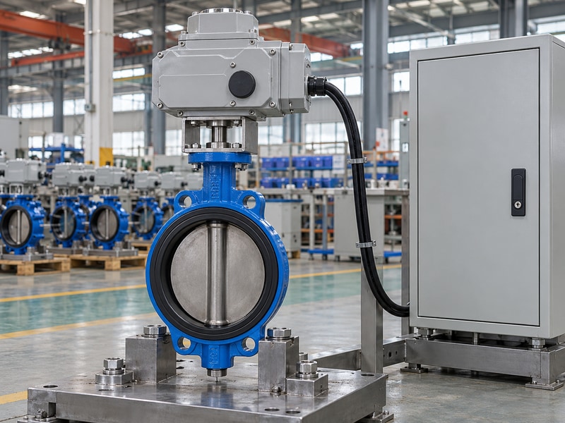electric operated butterfly valve factories beside a closed functional test control cabinet