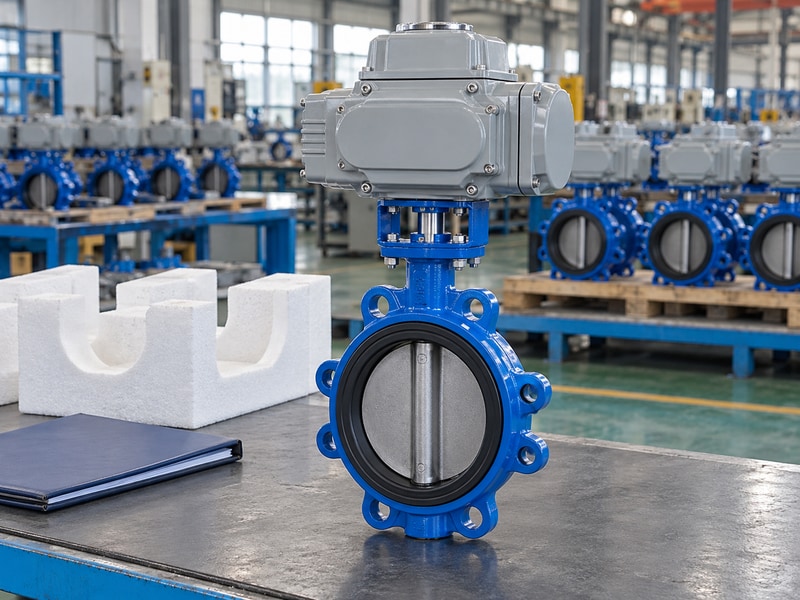 electric operated butterfly valve factories assembly beside protective packing cradles