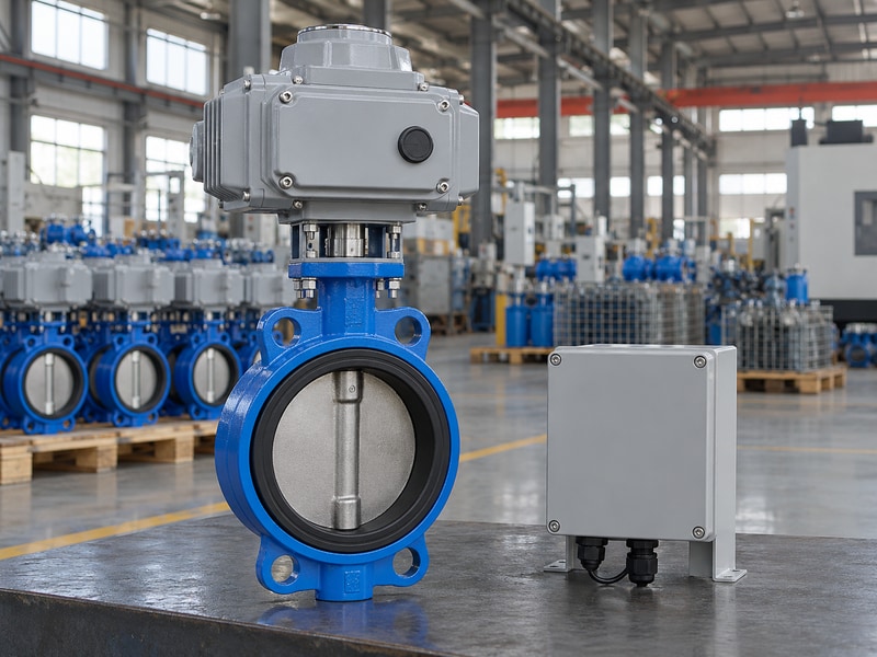 electric operated butterfly valve supplier electric actuator beside a closed control enclosure