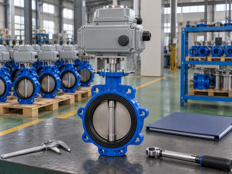 electric operated butterfly valve supplier ready for final inspection with measurement tools