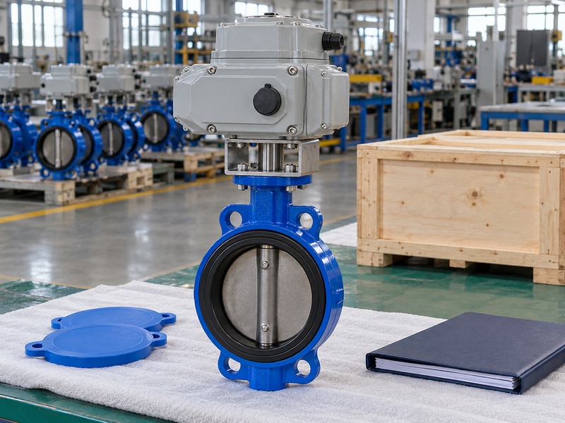 electric operated butterfly valve supplier assembly and separate opening covers at a packing station