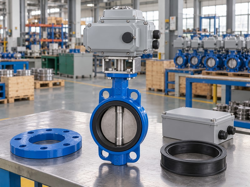 electric operated butterfly valve supplier sample with comparison components laid out for review