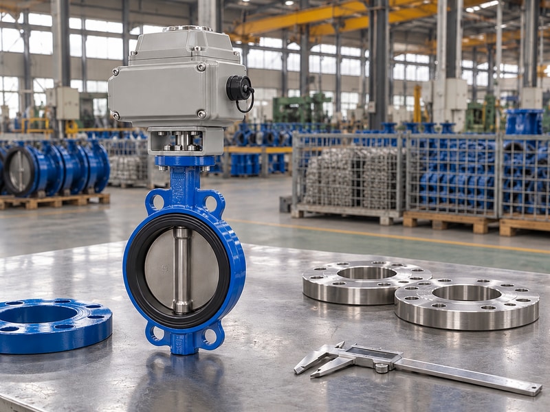 electric operated wafer butterfly valve assembly with loose companion flanges and a caliper
