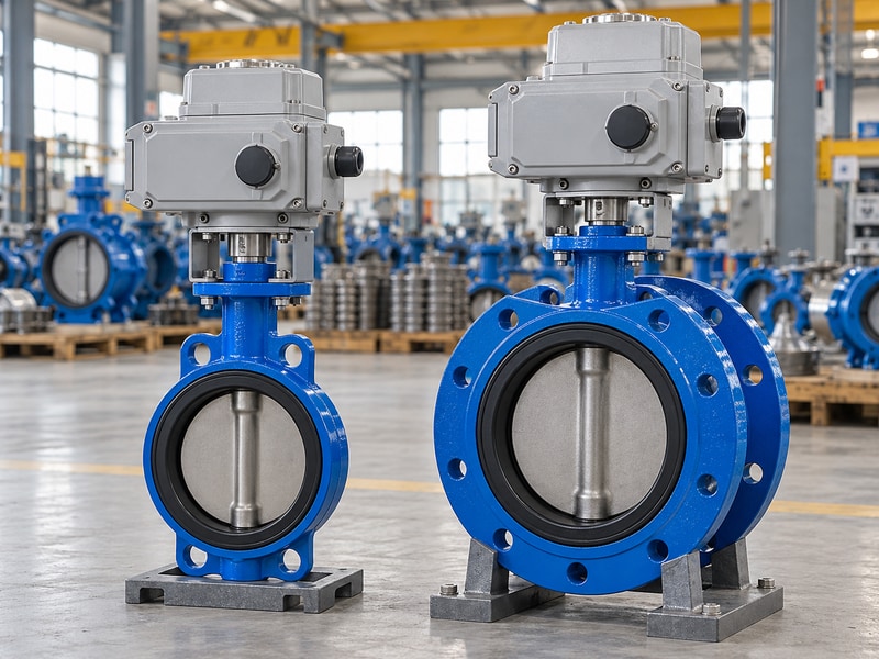 electric operated wafer butterfly valve and double-flanged valve shown as separate configurations