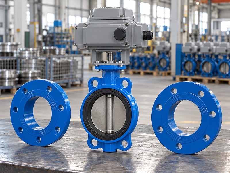 electric operated wafer butterfly valve and separate flange components on a dry review bench