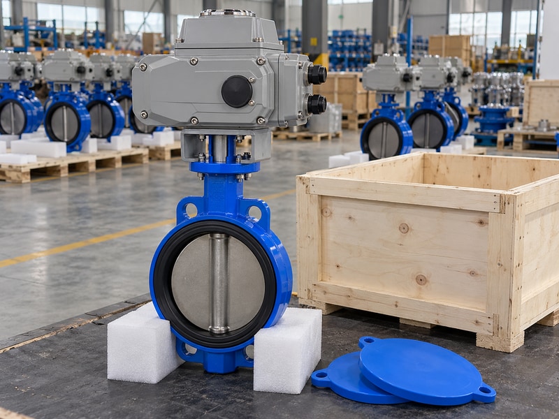 electric operated wafer butterfly valve assembly with separate protective covers and packing supports