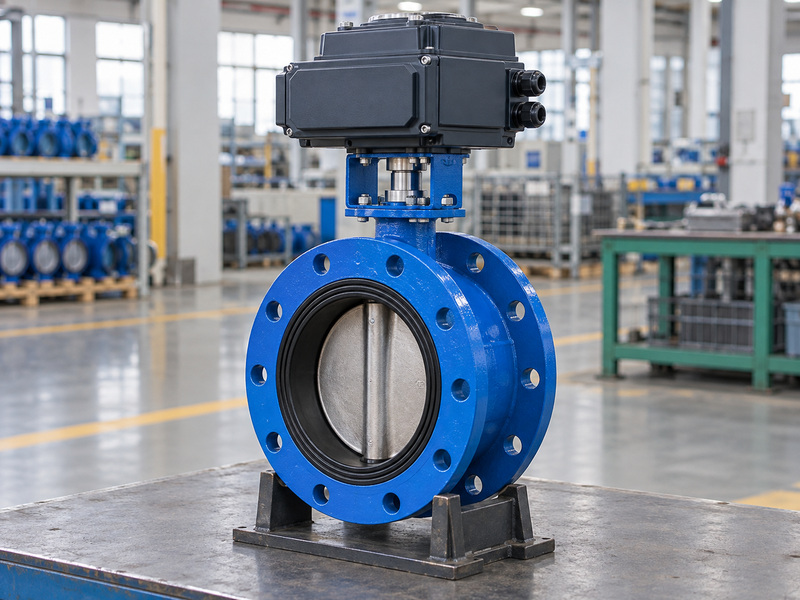 Water-duty electric resilient seat flanged butterfly valve on a workshop inspection bench