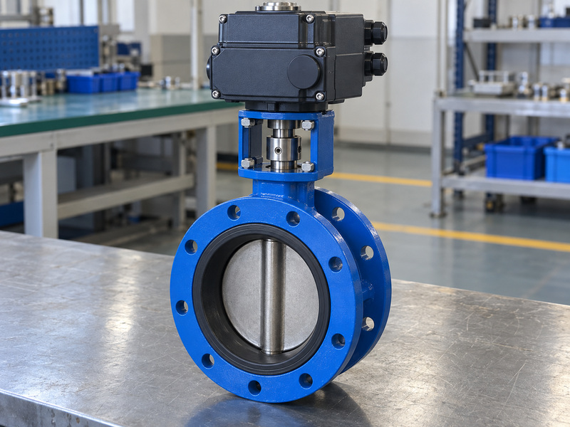 Electric resilient seat flanged butterfly valve with actuator and mounting bracket being inspected