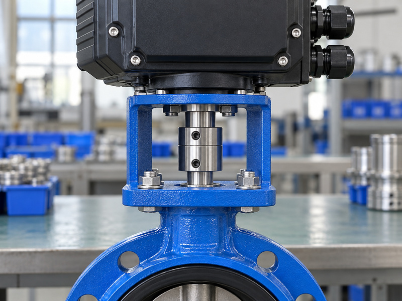 Shaft coupling inspection on an electric resilient seat flanged butterfly valve assembly