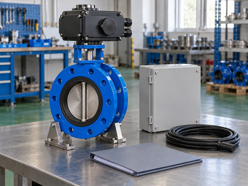 Electric resilient seat flanged butterfly valve prepared for electrical interface review beside a closed control enclosure