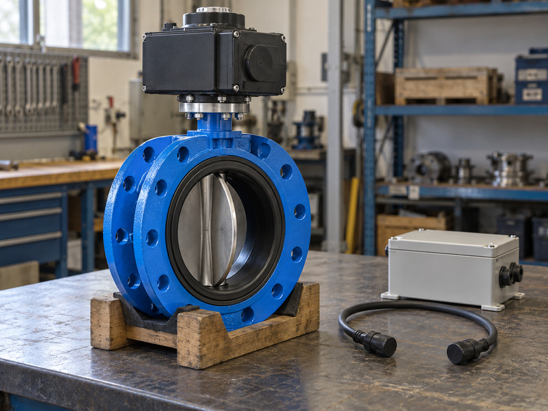 Electric resilient seat flanged butterfly valve prepared for a de-energized functional review