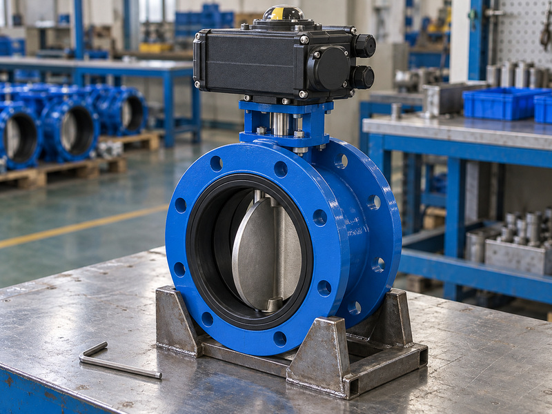 Limit-setting inspection of an electric resilient seat flanged butterfly valve at the assembly bench