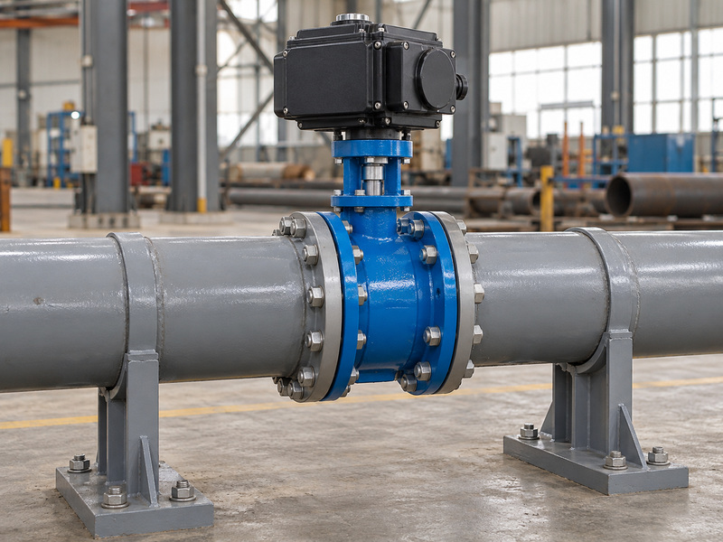 Electric resilient seat flanged butterfly valve positioned between aligned workshop pipe flanges