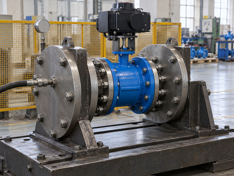 Electric resilient seat flanged butterfly valve secured on an industrial hydrostatic test station