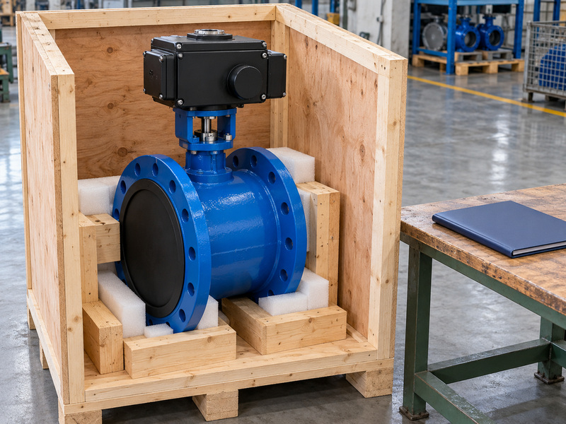 Packed electric resilient seat flanged butterfly valve with a protected end face and closed document folder