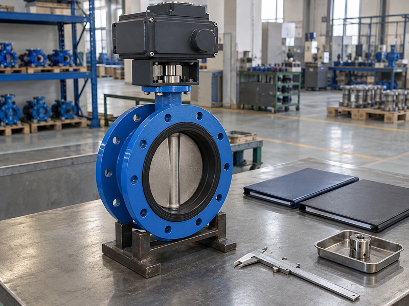 Electric resilient seat flanged butterfly valve on a technical purchasing review bench with closed document folders