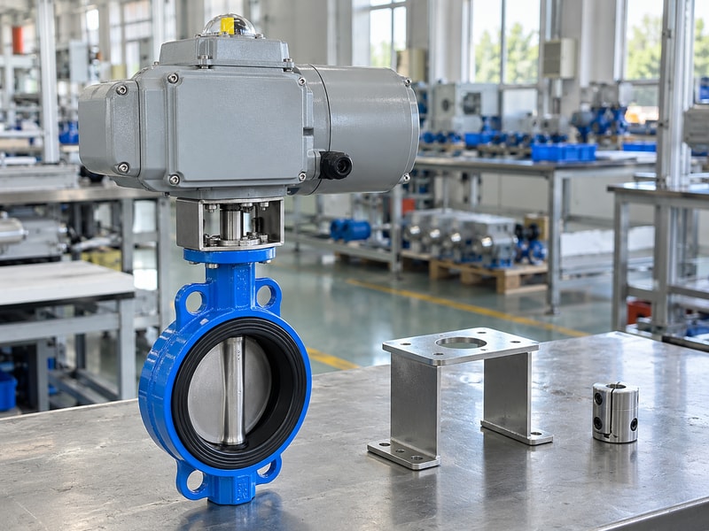 electric spring return butterfly valve: assembled valve beside a spare bracket and coupling