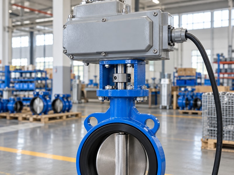 electric spring return butterfly valve: electric operator and aligned shaft coupling close-up