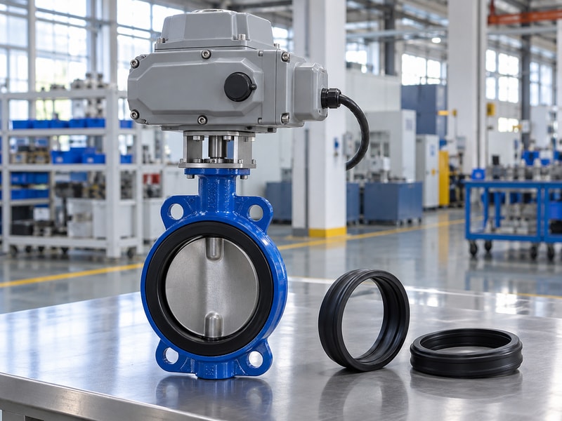 electric spring return butterfly valve: electric valve assembly beside separate seal samples