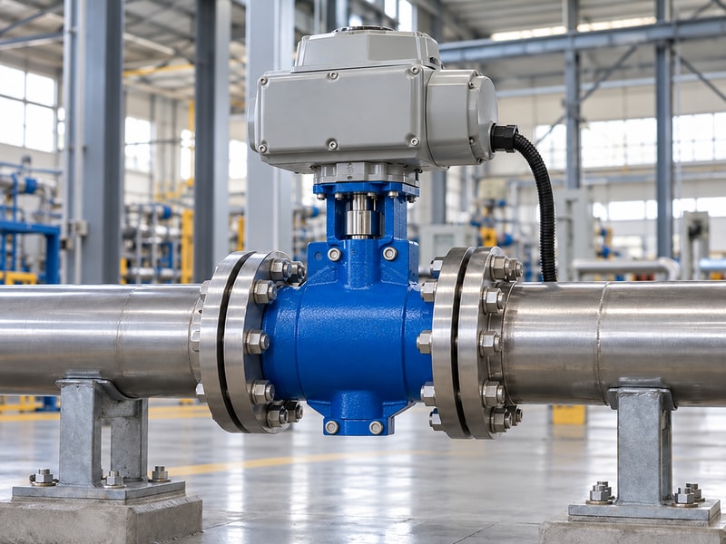 electric spring return butterfly valve: electric valve assembly between supported straight pipes