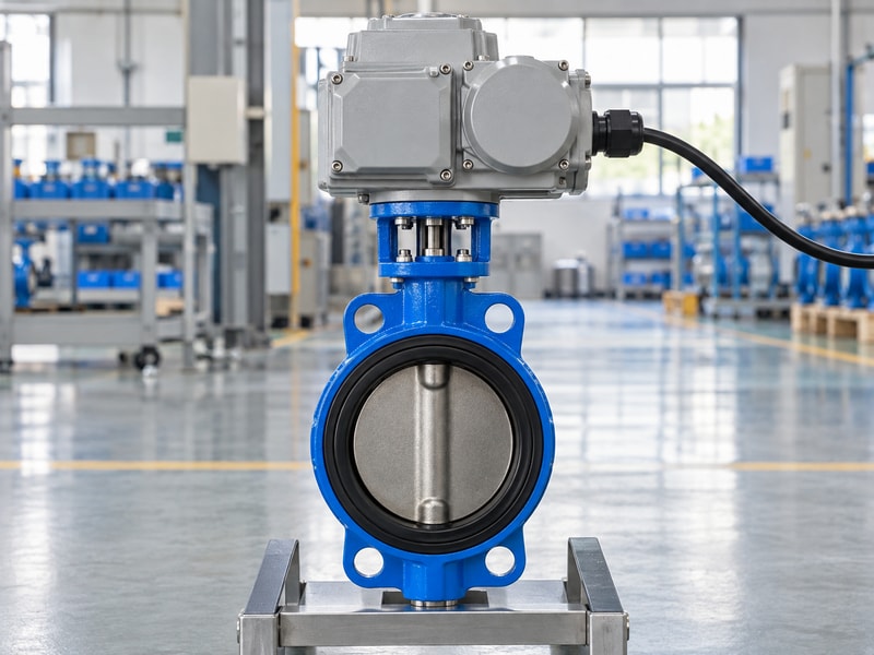 electric spring return butterfly valve: electric valve on an inspection stand