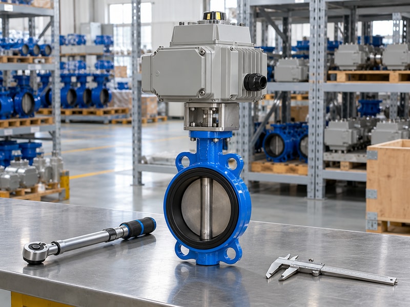 electric spring return butterfly valve: electric valve assembly beside inspection tools