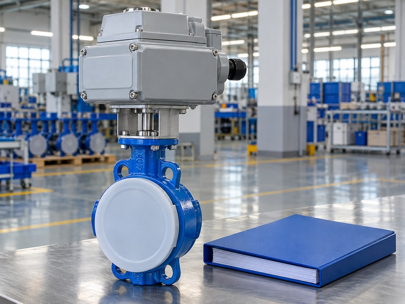 electric spring return butterfly valve: protected valve beside a document folder