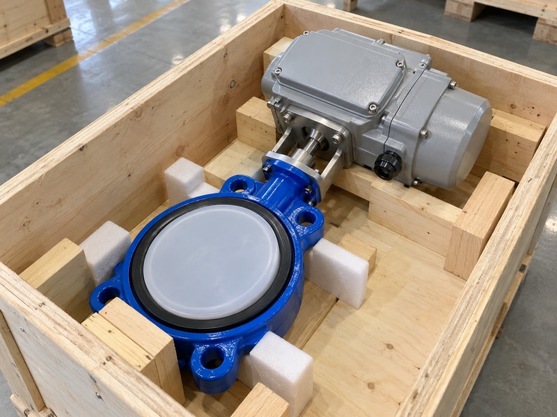 electric spring return butterfly valve: valve and electric operator supported in a shipping crate