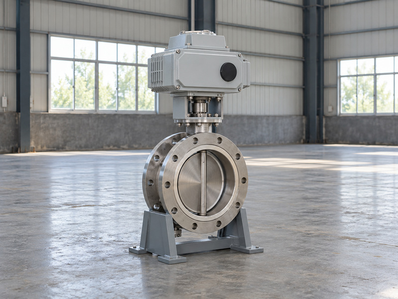 Complete electric triple eccentric butterfly valve supported on a workshop stand