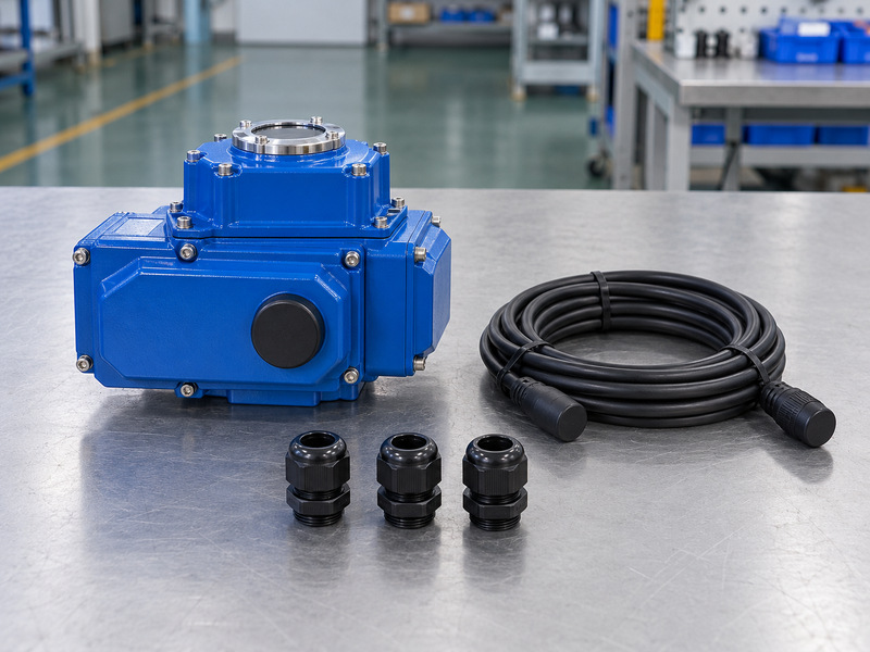 Closed electric actuator beside neatly routed unconnected industrial cable fittings