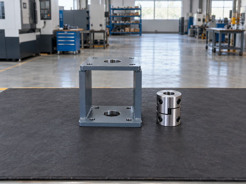 Separate machined coupling and mounting bracket protected on a clean workbench