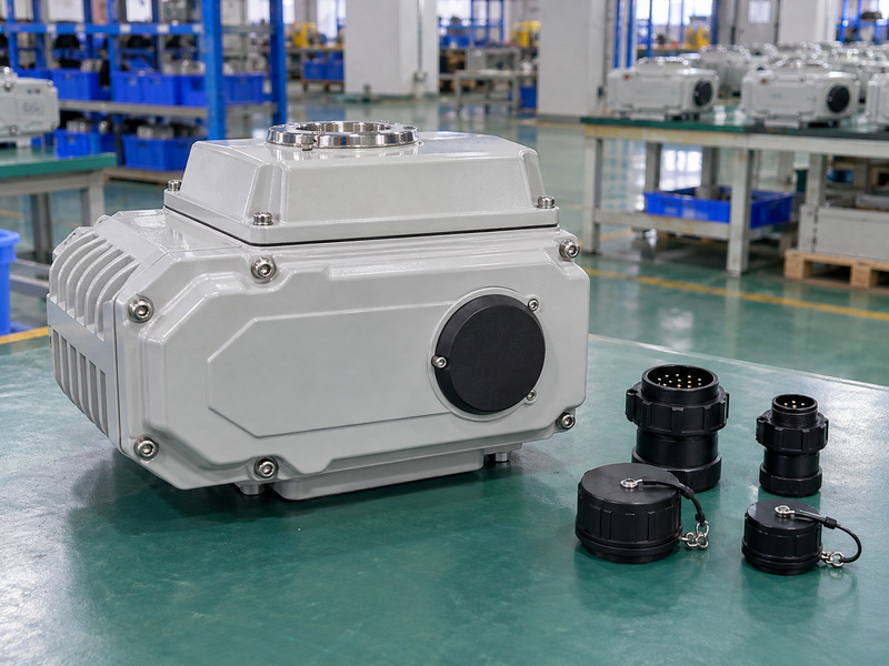 Closed electric actuator with separate signal connectors and protective caps