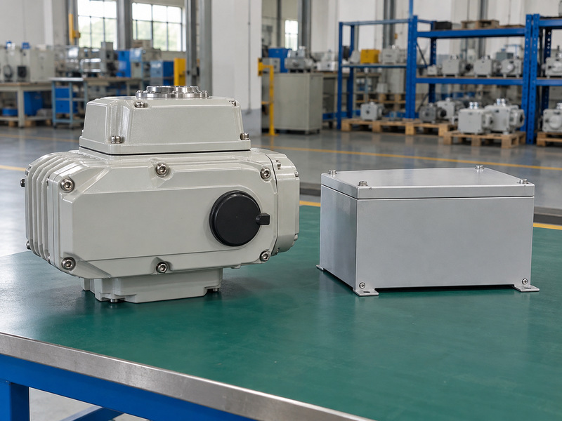 Closed electric actuator with a separate auxiliary metal enclosure