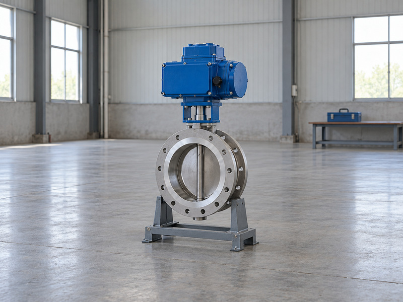 Supported complete electric valve assembly prepared for an offline acceptance inspection