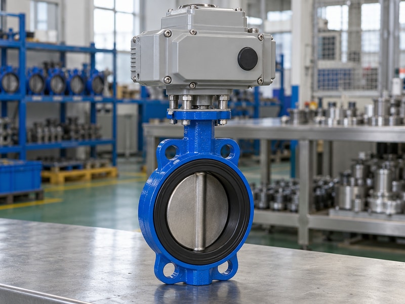 electrically operated butterfly valve with an electric actuator and visible stainless steel disc