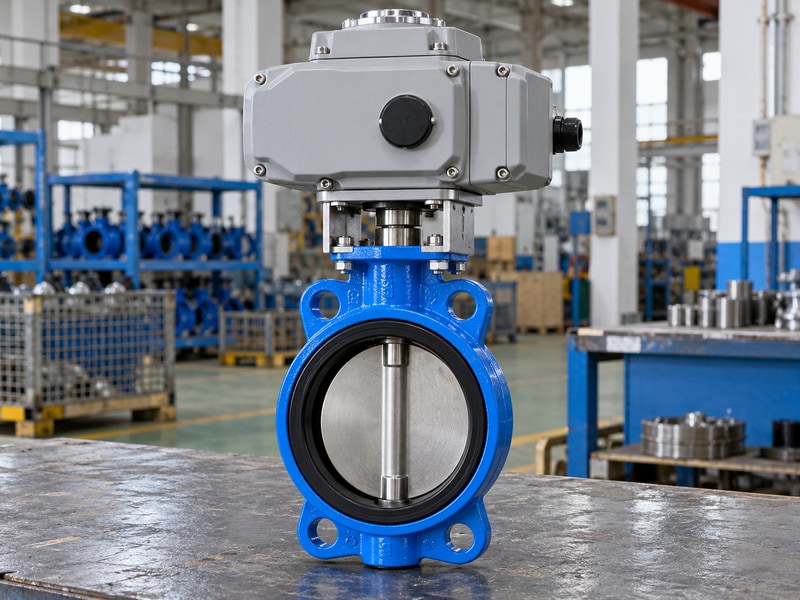 electrically operated butterfly valve actuator mounting bracket and shaft coupling close up