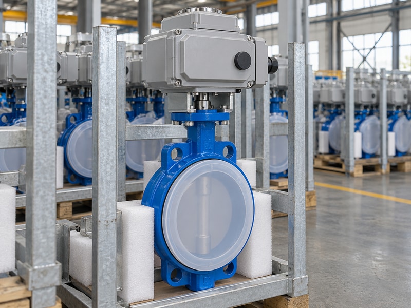 electrically operated butterfly valve stored with protective flange covers in a factory rack