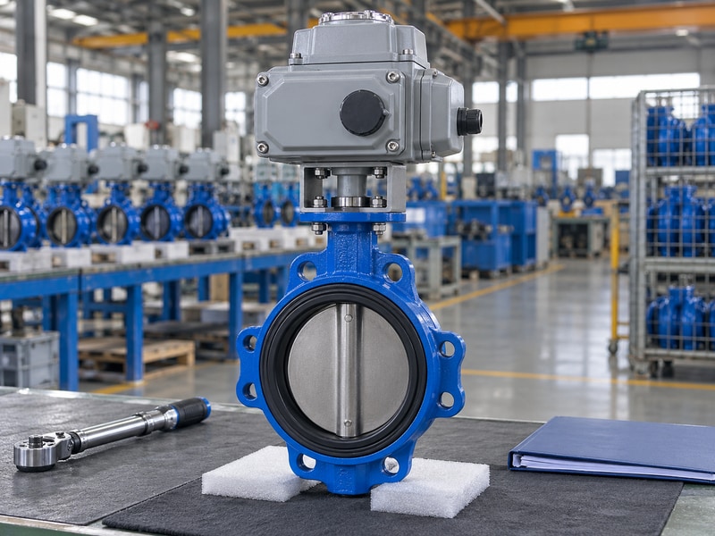 electrically operated butterfly valve assembly prepared for final factory inspection