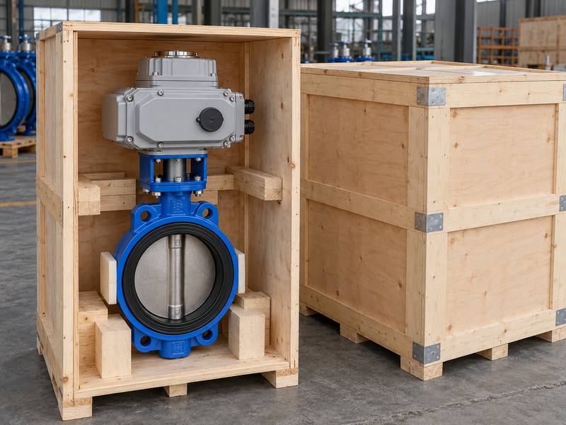 electrically operated butterfly valve india protected crate and complete valve in dispatch area