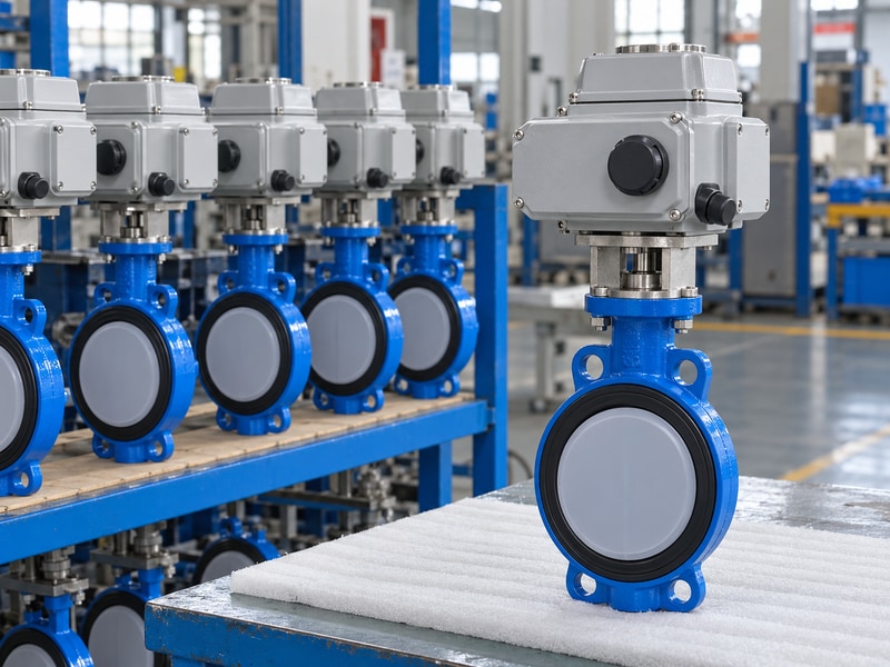electrically operated butterfly valve india assemblies with bore covers on a factory rack