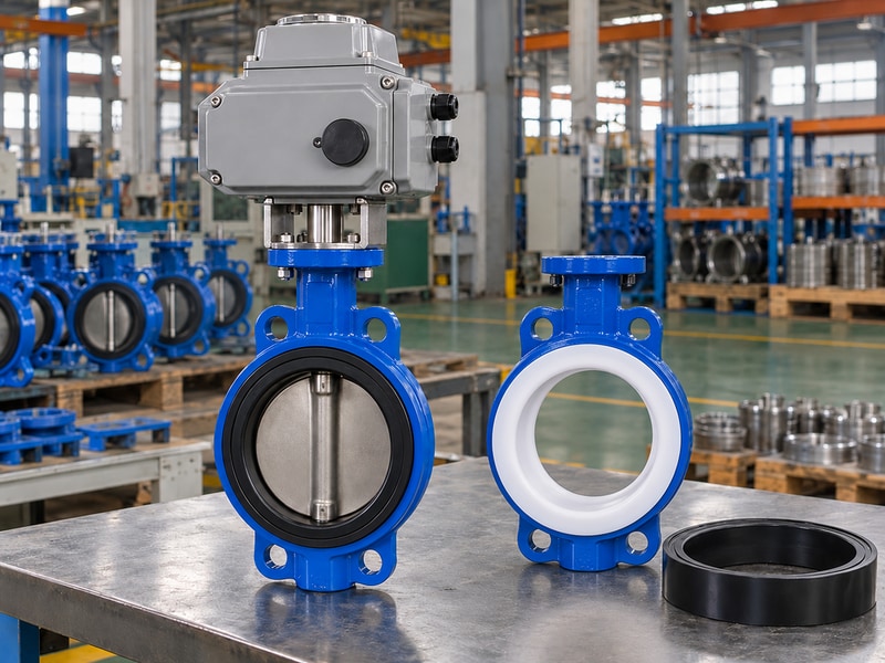 electrically operated butterfly valve manufacturers conventional assembly beside an unassembled white-lined body and spare seat