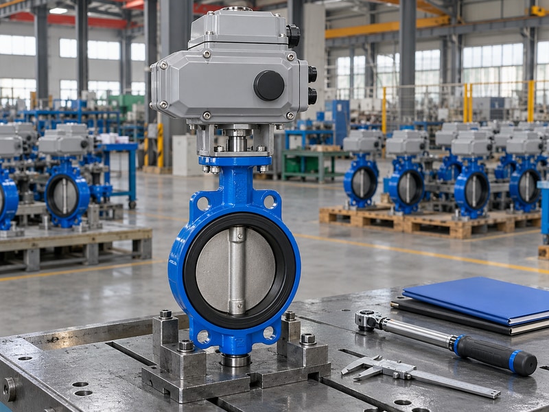 electrically operated butterfly valve manufacturers complete assembly prepared for dry final inspection