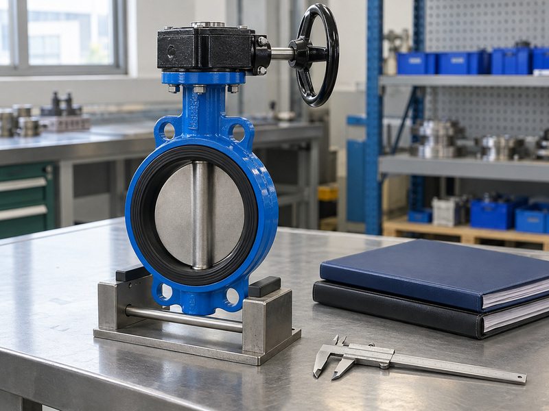 EN resilient seated butterfly valve beside closed document folders in an inspection area