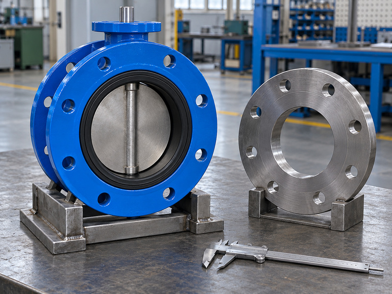 Flange drilling inspection on EN resilient seated butterfly valves in a machine workshop