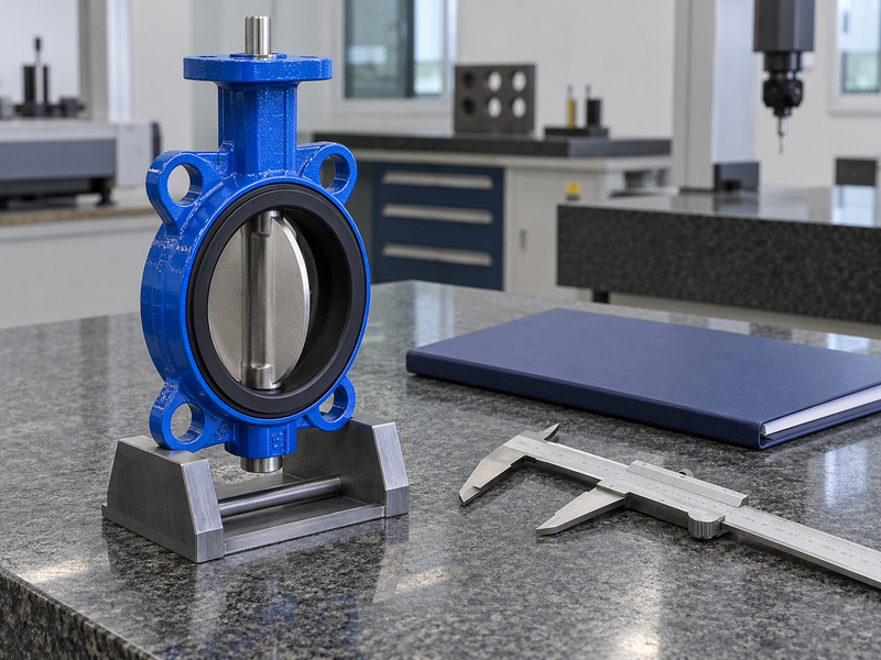 EN resilient seated butterfly valve prepared for face-to-face dimensional review with a separate caliper