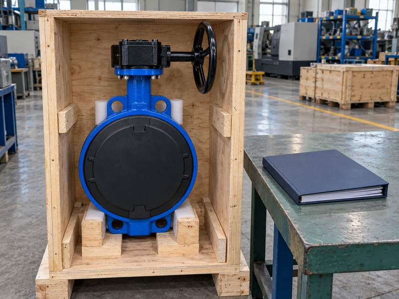 EN resilient seated butterfly valve packed with a protected end face beside a closed delivery-document folder